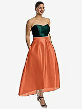 Front View Thumbnail - Portofino Orange & Evergreen Strapless Satin High Low Dress with Pockets