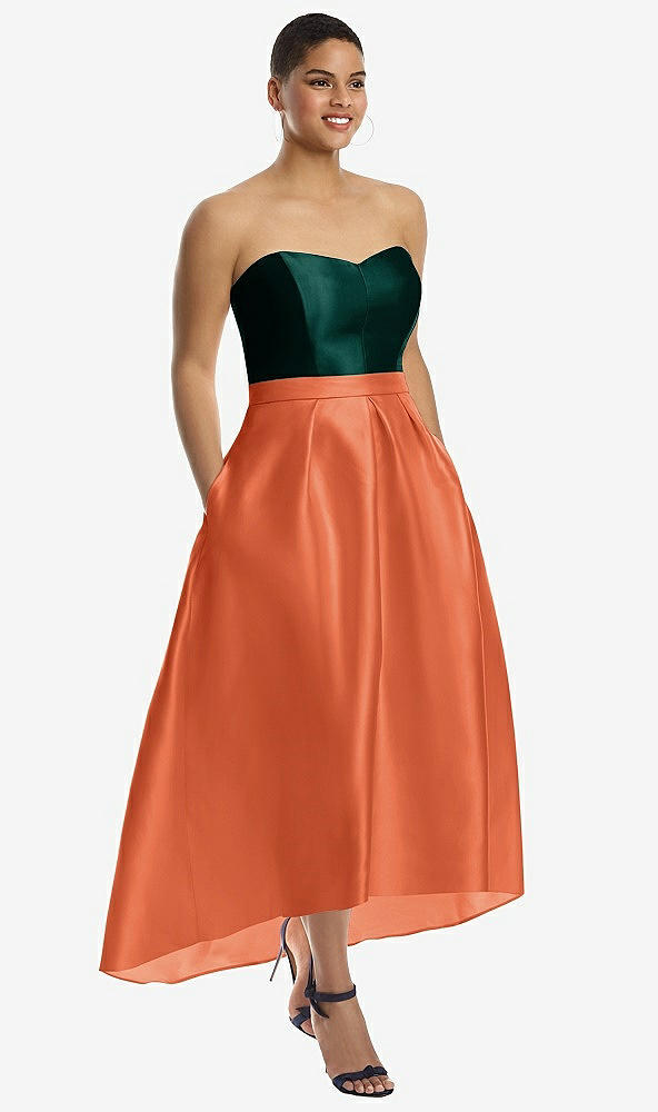 Front View - Portofino Orange & Evergreen Strapless Satin High Low Dress with Pockets