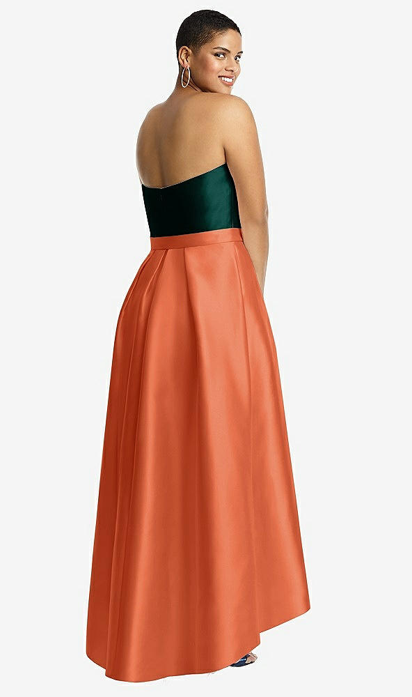 Back View - Portofino Orange & Evergreen Strapless Satin High Low Dress with Pockets