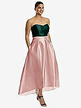 Front View Thumbnail - Rose & Evergreen Strapless Satin High Low Dress with Pockets