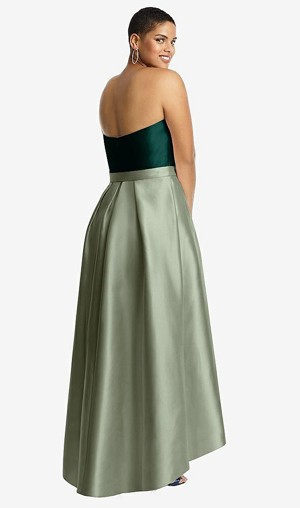 Back View - Sage & Evergreen Strapless Satin High Low Dress with Pockets