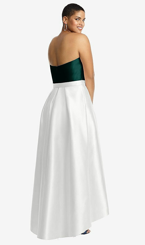 Back View - White & Evergreen Strapless Satin High Low Dress with Pockets