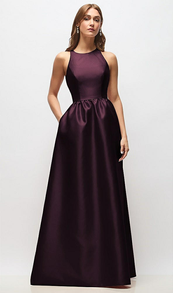 Front View - Deep Plum Sleeveless Keyhole Back Satin Maxi Dress