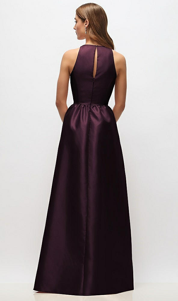 Back View - Deep Plum Sleeveless Keyhole Back Satin Maxi Dress