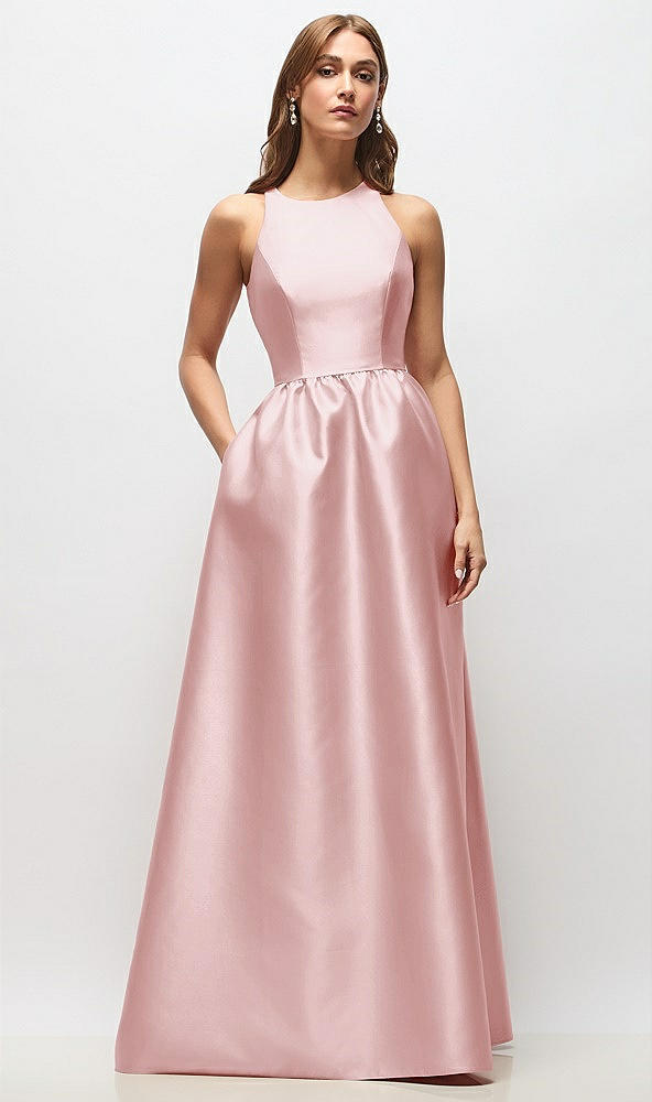 Front View - Ballet Pink Sleeveless Keyhole Back Satin Maxi Dress