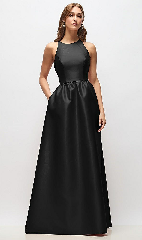 Front View - Black Sleeveless Keyhole Back Satin Maxi Dress
