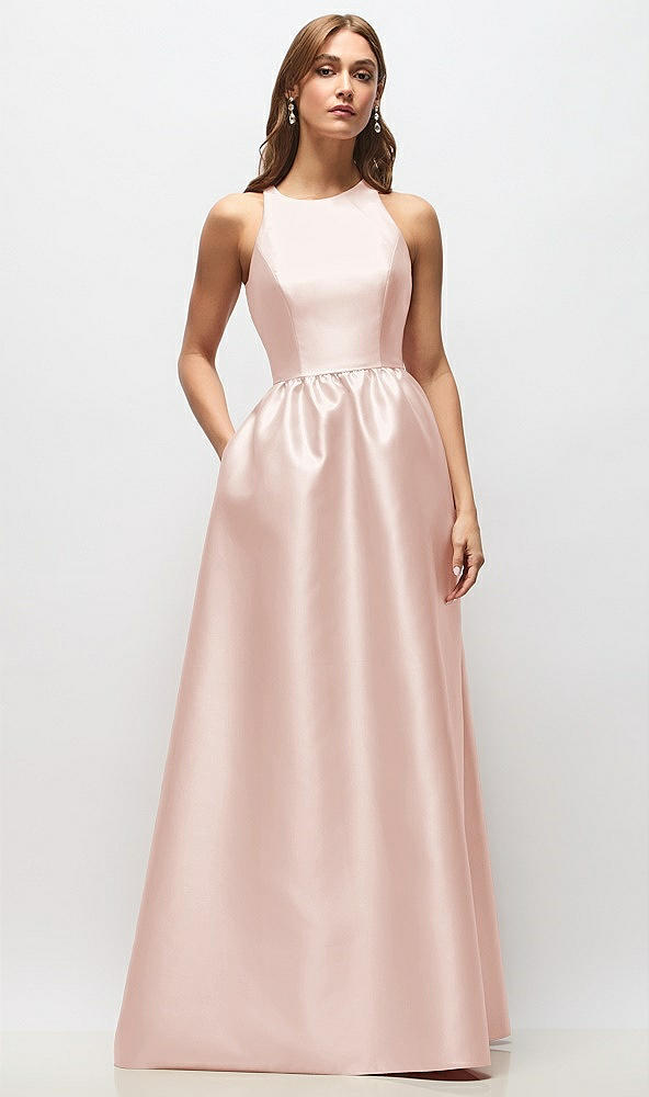 Front View - Blush Sleeveless Keyhole Back Satin Maxi Dress