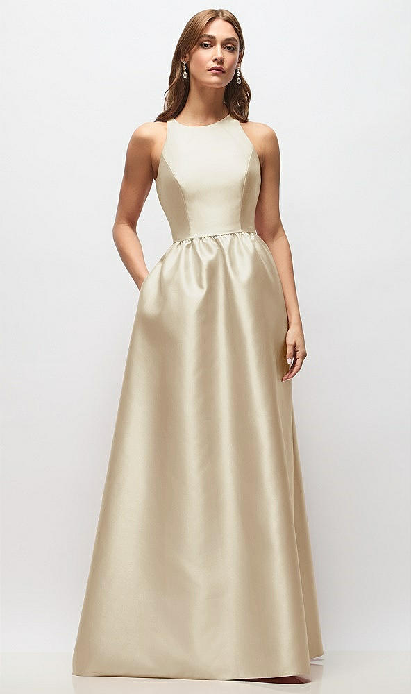 Front View - Champagne Sleeveless Keyhole Back Satin Maxi Dress