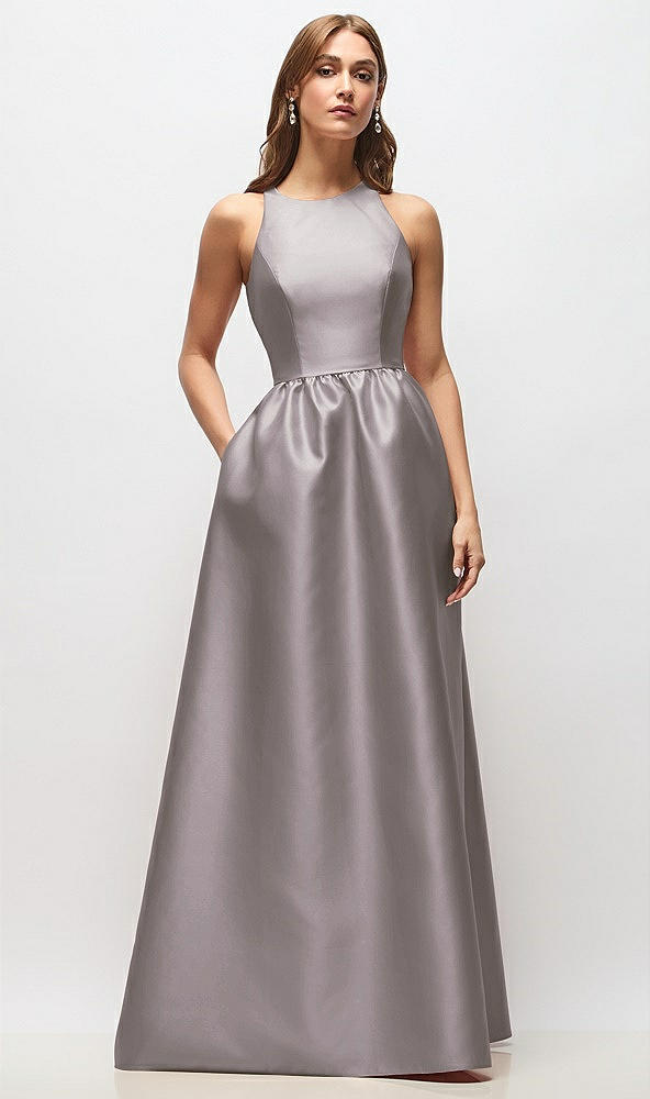 Front View - Cashmere Gray Sleeveless Keyhole Back Satin Maxi Dress