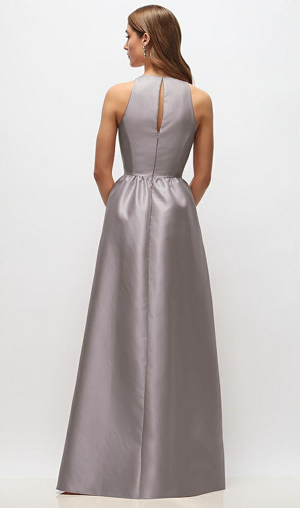 Back View - Cashmere Gray Sleeveless Keyhole Back Satin Maxi Dress