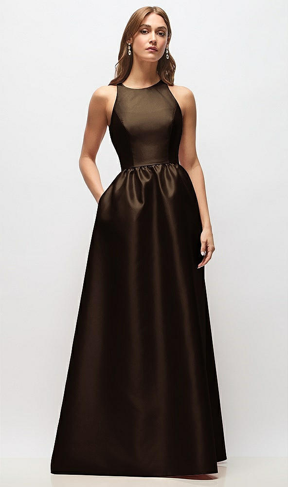 Front View - Espresso Sleeveless Keyhole Back Satin Maxi Dress