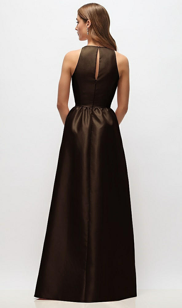Back View - Espresso Sleeveless Keyhole Back Satin Maxi Dress
