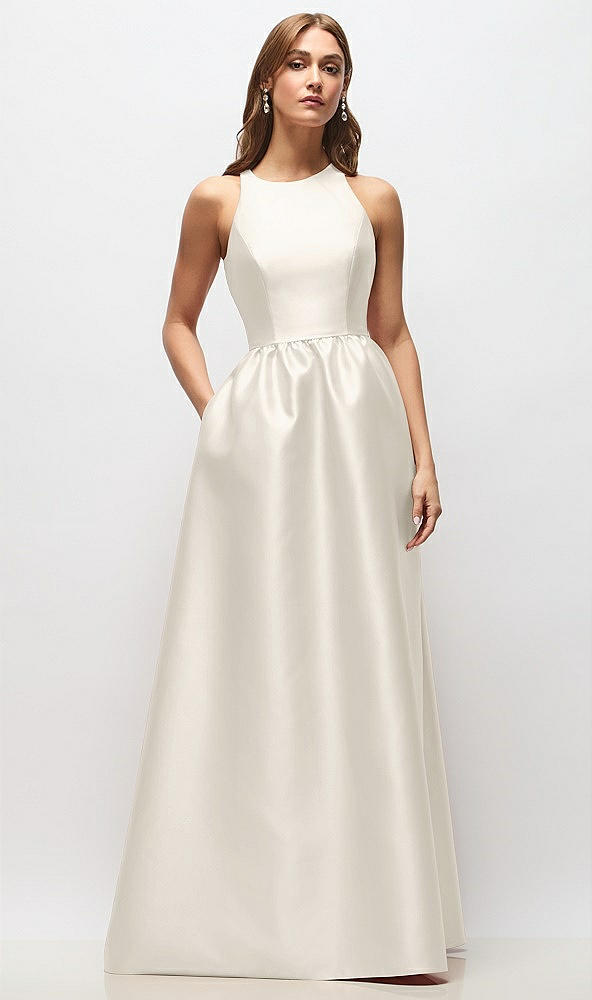 Front View - Ivory Sleeveless Keyhole Back Satin Maxi Dress