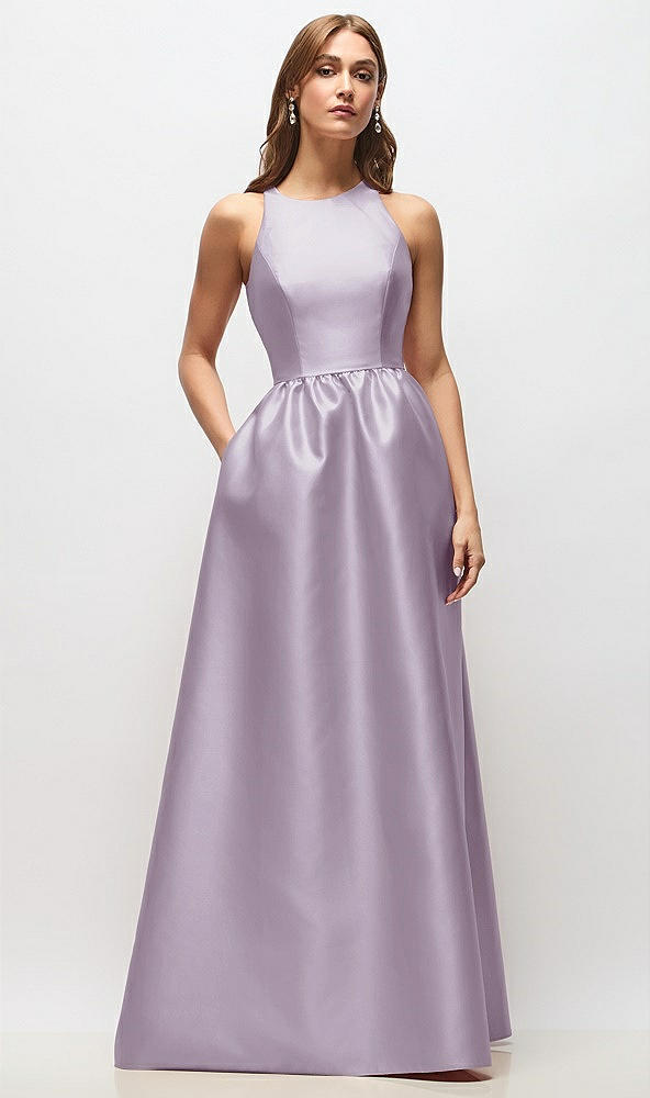 Front View - Lilac Haze Sleeveless Keyhole Back Satin Maxi Dress