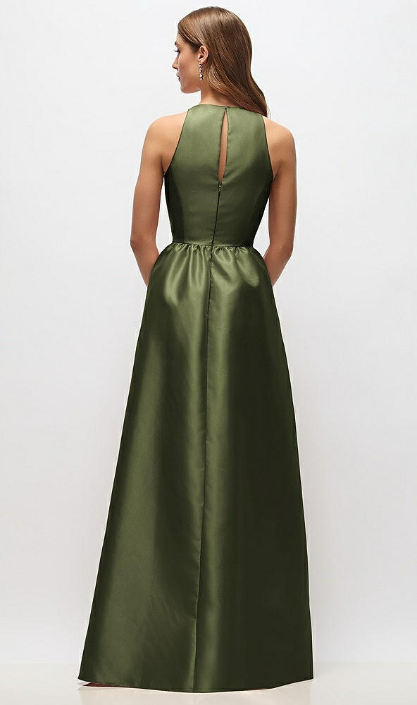 Back View - Olive Green Sleeveless Keyhole Back Satin Maxi Dress
