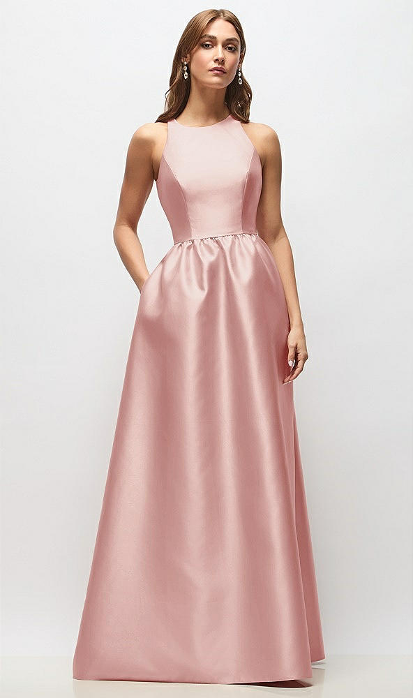 Front View - Rose Sleeveless Keyhole Back Satin Maxi Dress