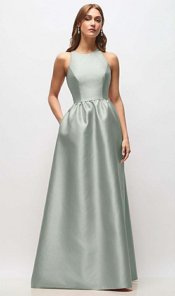 Front View - Willow Green Sleeveless Keyhole Back Satin Maxi Dress