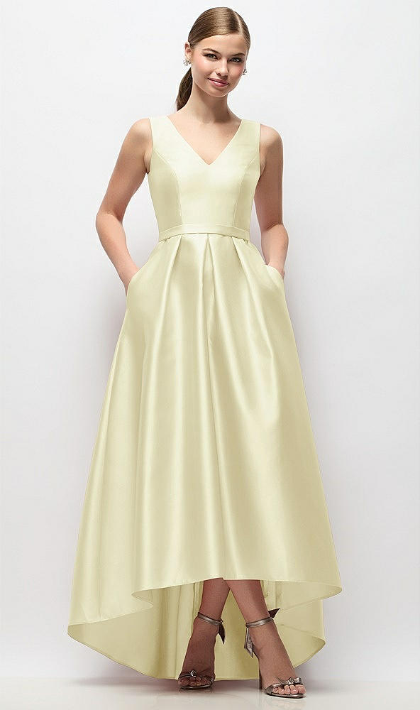 Front View - Butter Yellow Sleeveless Pleated Skirt High Low Dress with Pockets
