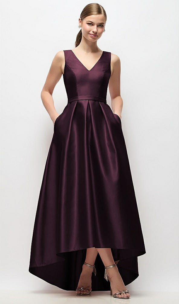 Front View - Deep Plum Sleeveless Pleated Skirt High Low Dress with Pockets