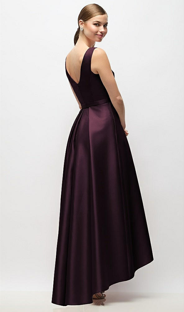 Back View - Deep Plum Sleeveless Pleated Skirt High Low Dress with Pockets
