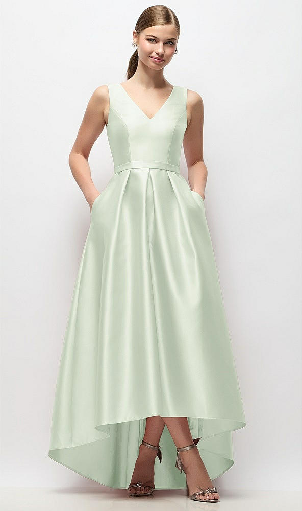 Front View - Mint Green Sleeveless Pleated Skirt High Low Dress with Pockets