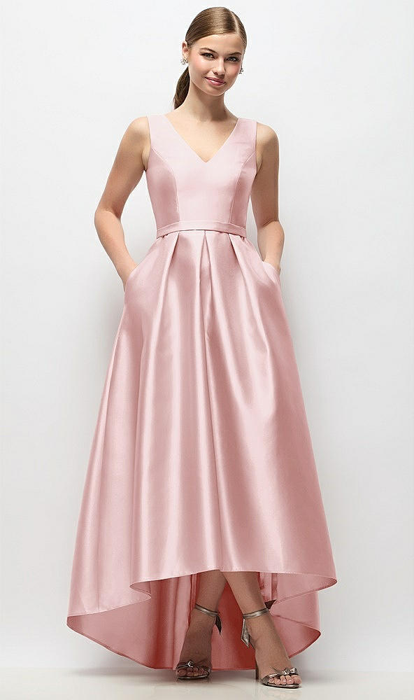 Front View - Ballet Pink Sleeveless Pleated Skirt High Low Dress with Pockets