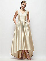 Front View Thumbnail - Champagne Sleeveless Pleated Skirt High Low Dress with Pockets