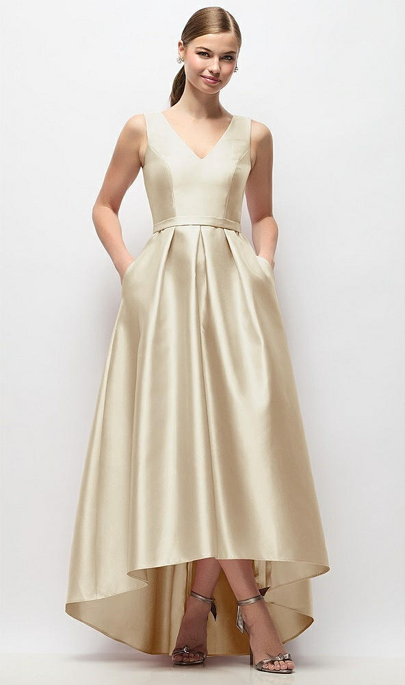 Front View - Champagne Sleeveless Pleated Skirt High Low Dress with Pockets