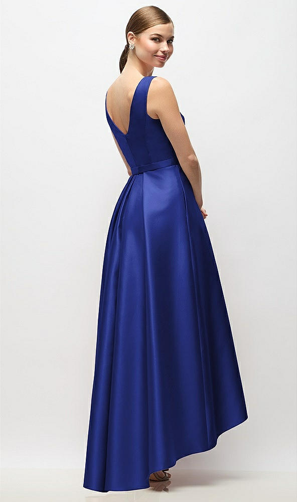 Back View - Cobalt Blue Sleeveless Pleated Skirt High Low Dress with Pockets