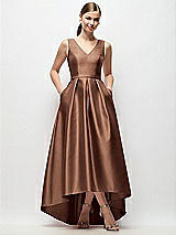 Front View Thumbnail - Cognac Sleeveless Pleated Skirt High Low Dress with Pockets