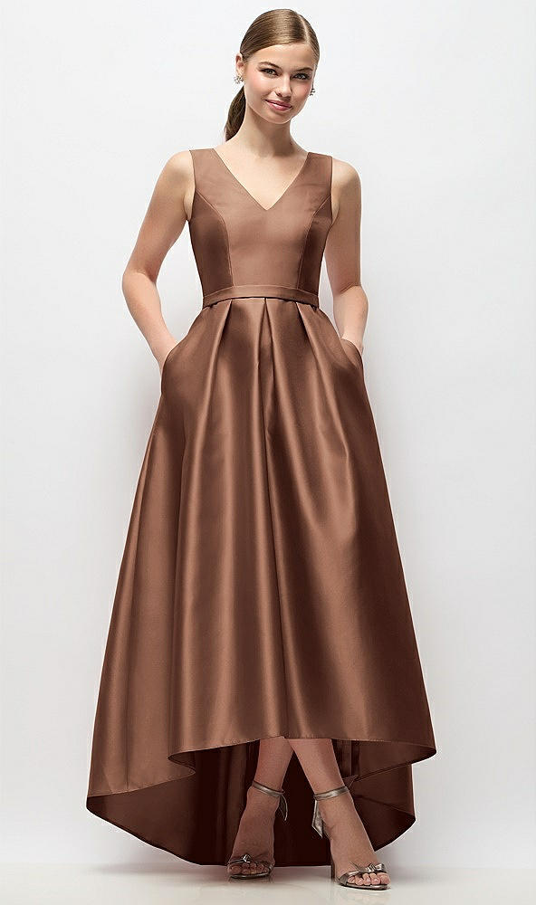 Front View - Cognac Sleeveless Pleated Skirt High Low Dress with Pockets