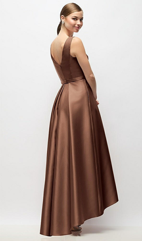 Back View - Cognac Sleeveless Pleated Skirt High Low Dress with Pockets