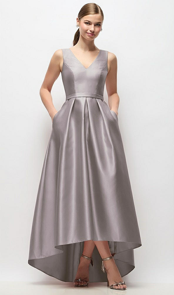 Front View - Cashmere Gray Sleeveless Pleated Skirt High Low Dress with Pockets