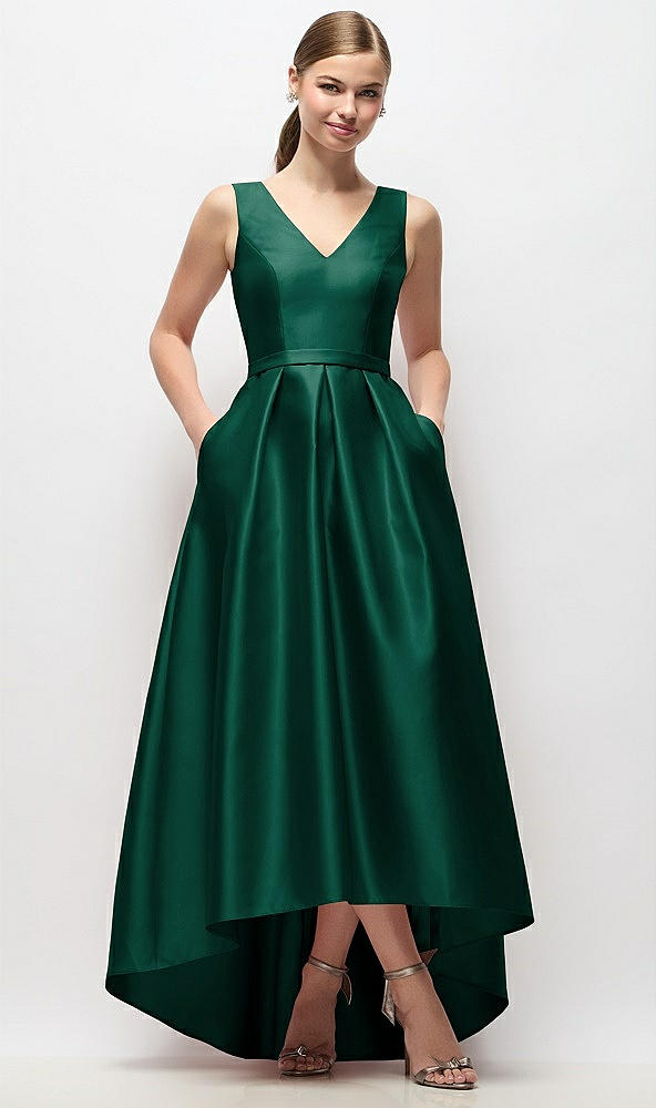 Front View - Hunter Green Sleeveless Pleated Skirt High Low Dress with Pockets