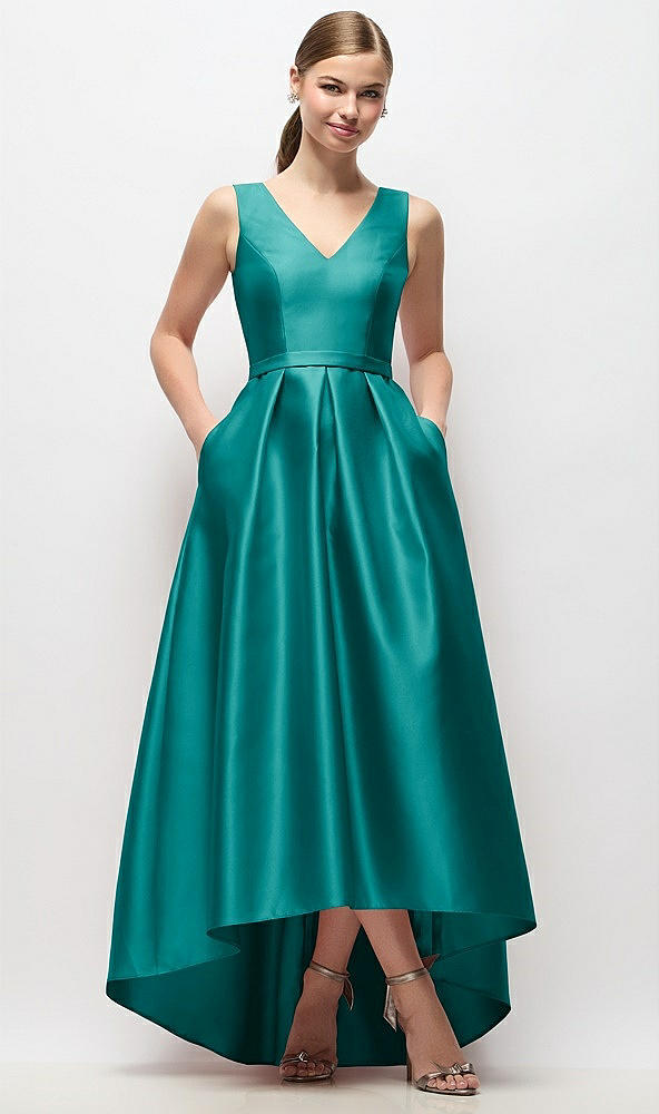 Front View - Jade Sleeveless Pleated Skirt High Low Dress with Pockets