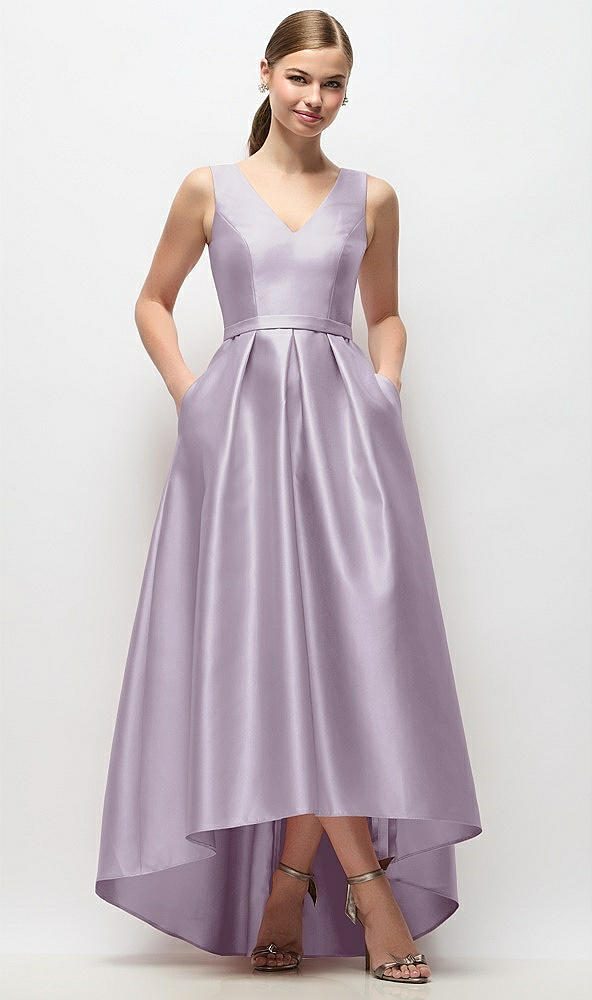 Front View - Lilac Haze Sleeveless Pleated Skirt High Low Dress with Pockets