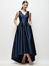 Front View Thumbnail - Midnight Navy Sleeveless Pleated Skirt High Low Dress with Pockets