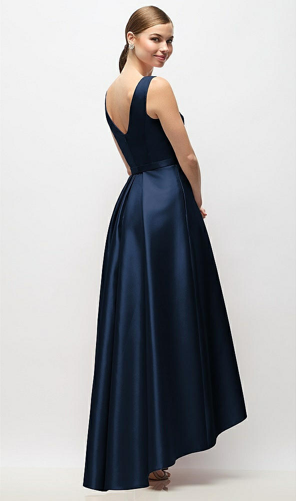 Back View - Midnight Navy Sleeveless Pleated Skirt High Low Dress with Pockets
