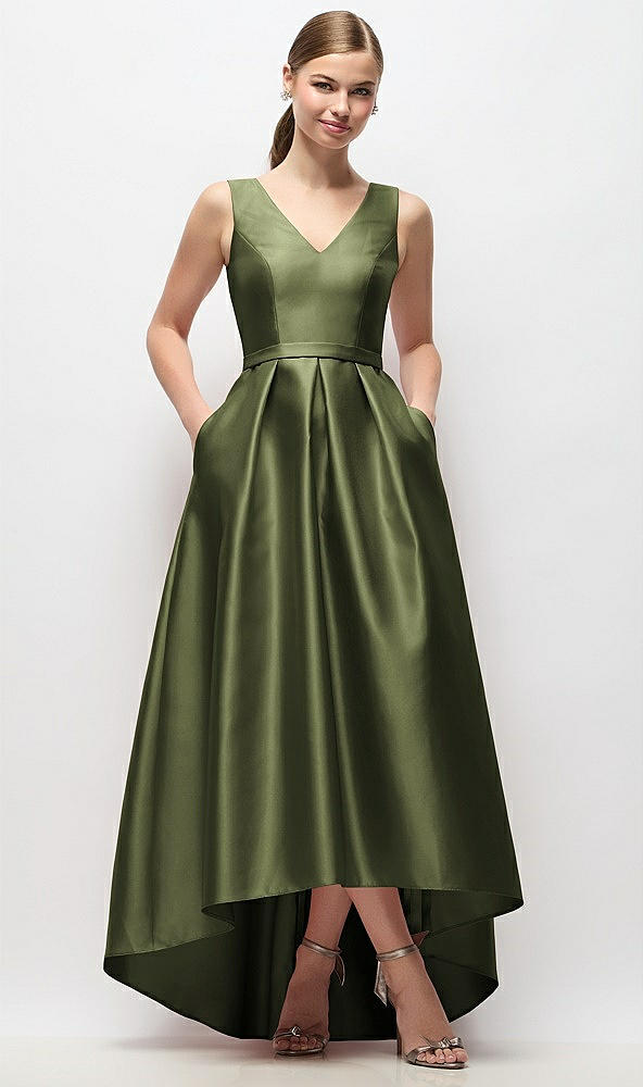 Front View - Olive Green Sleeveless Pleated Skirt High Low Dress with Pockets