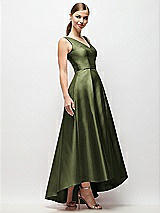 Side View Thumbnail - Olive Green Sleeveless Pleated Skirt High Low Dress with Pockets