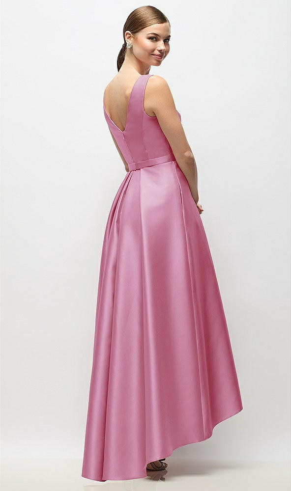 Back View - Powder Pink Sleeveless Pleated Skirt High Low Dress with Pockets