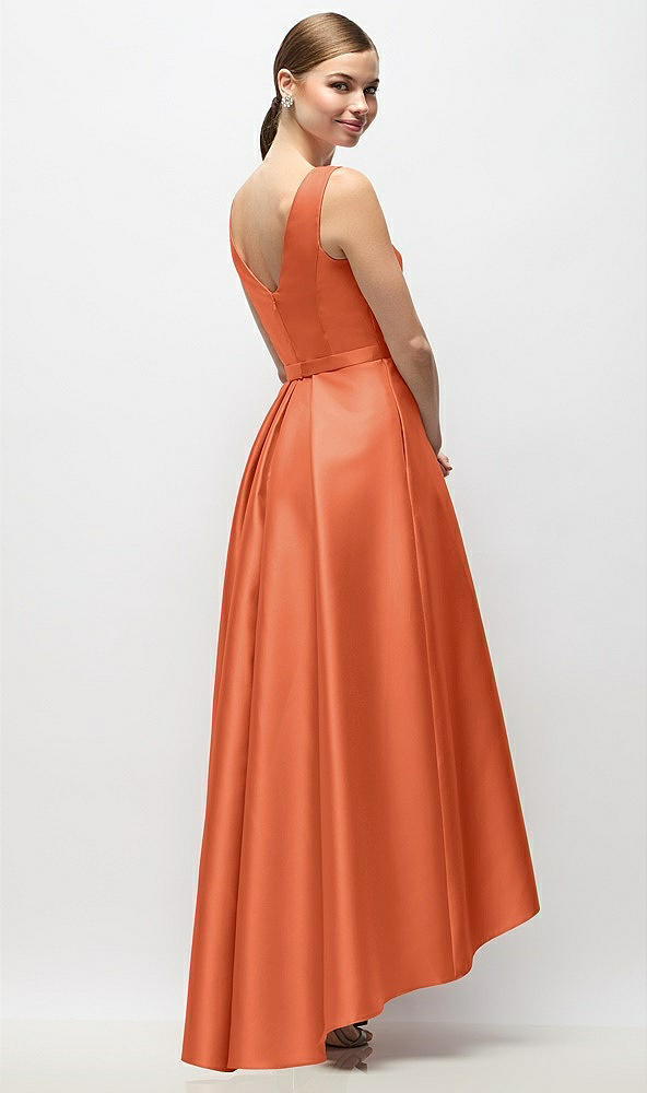 Back View - Portofino Orange Sleeveless Pleated Skirt High Low Dress with Pockets