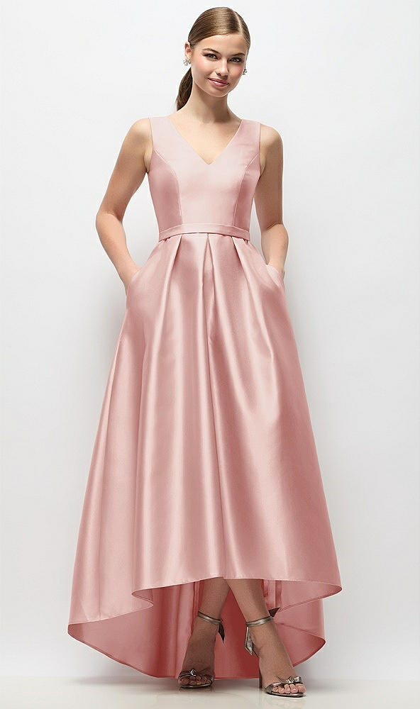 Front View - Rose Sleeveless Pleated Skirt High Low Dress with Pockets