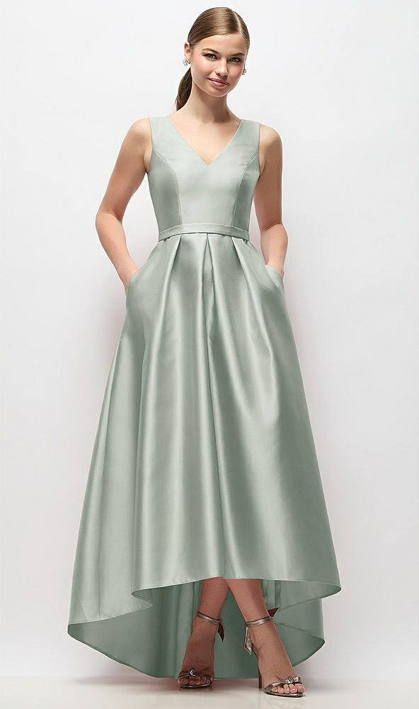 Front View - Willow Green Sleeveless Pleated Skirt High Low Dress with Pockets