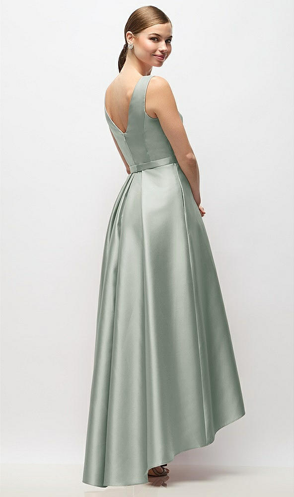 Back View - Willow Green Sleeveless Pleated Skirt High Low Dress with Pockets