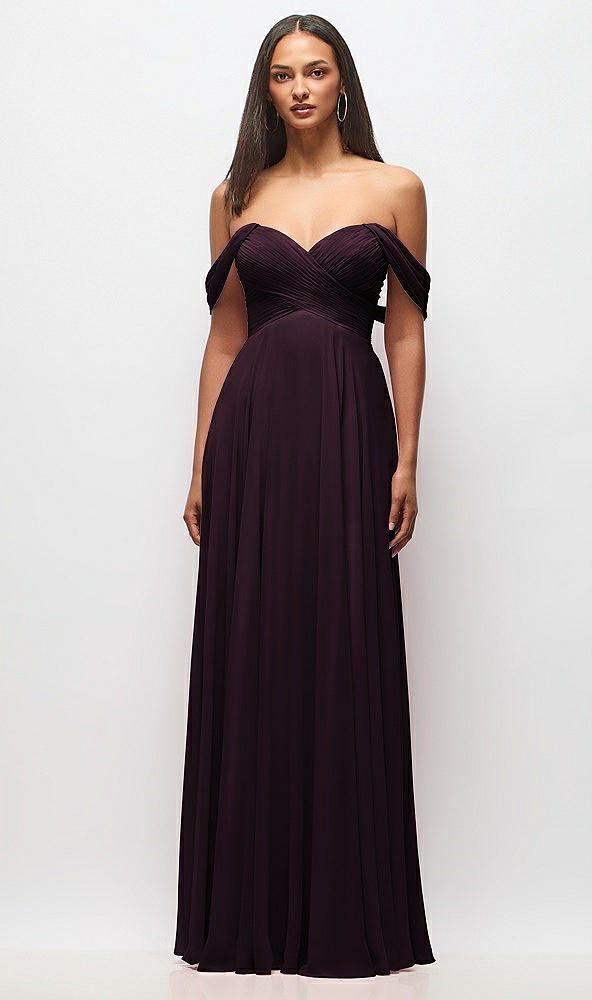 Front View - Deep Plum Off-the-Shoulder Draped Chiffon Maxi Dress