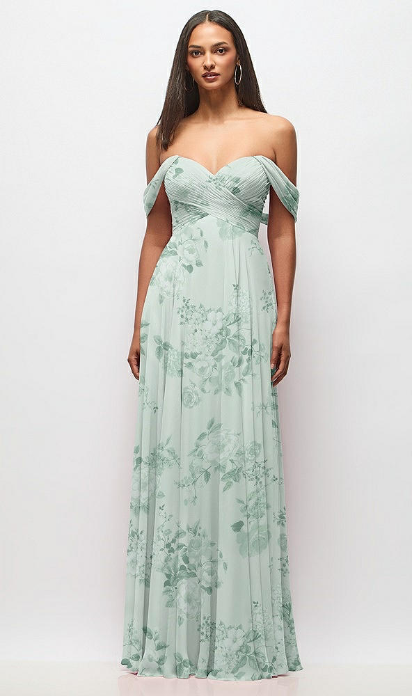 Front View - Mint Green Floral Off-the-Shoulder Draped Chiffon Maxi Dress
