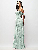 Side View Thumbnail - Mint Green Floral Off-the-Shoulder Draped Chiffon Maxi Dress