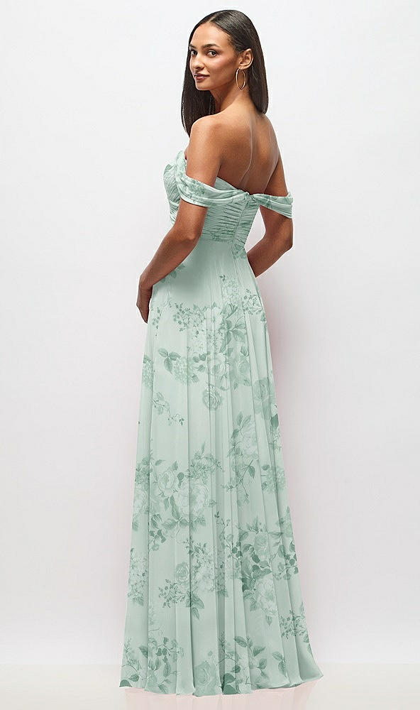 Back View - Mint Green Floral Off-the-Shoulder Draped Chiffon Maxi Dress