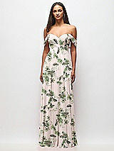 Front View Thumbnail - Palm Beach Print Off-the-Shoulder Draped Chiffon Maxi Dress